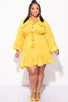 Final Sale Plus Size Collar Button Up Baby Doll Flare Dress in Mustard StretchFabric