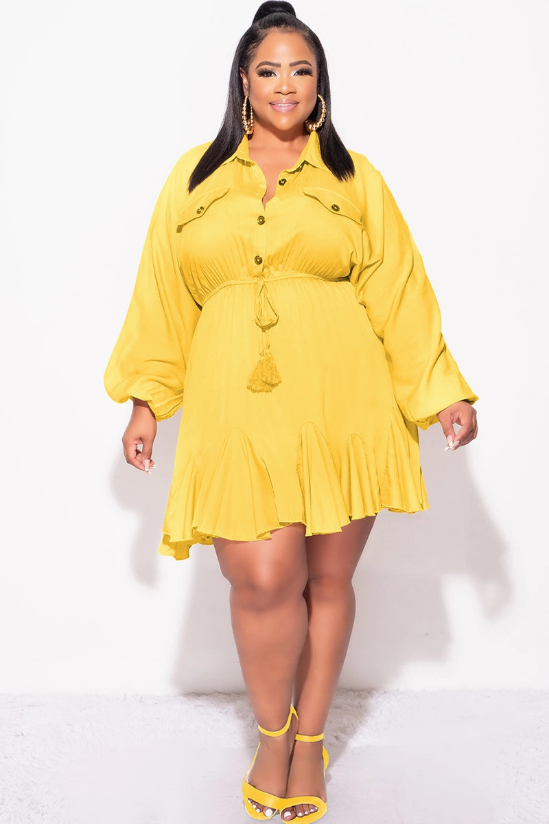 Final Sale Plus Size Collar Button Up Baby Doll Flare Dress in Mustard StretchFabric