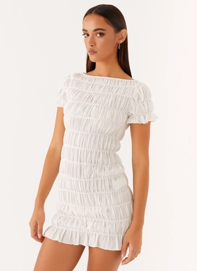 Rita Ruched Mini Dress - White Button-front