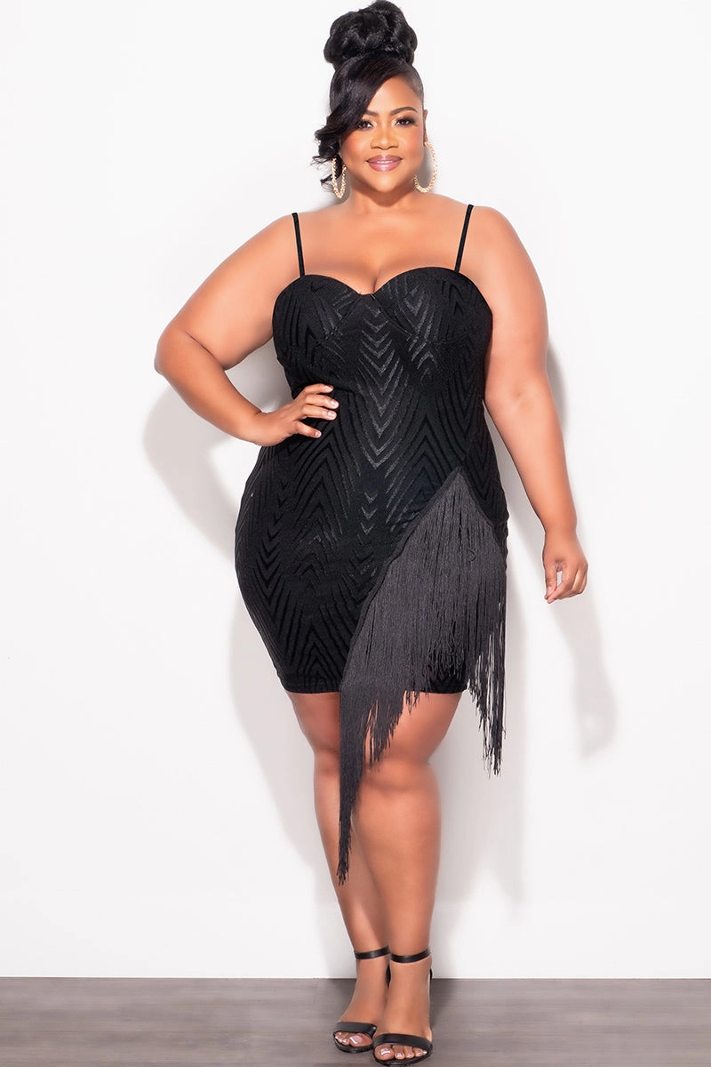 Final Sale Plus Size Spaghetti Strap BodyCon Dress with Side Fringe in Black AbrasionResistant