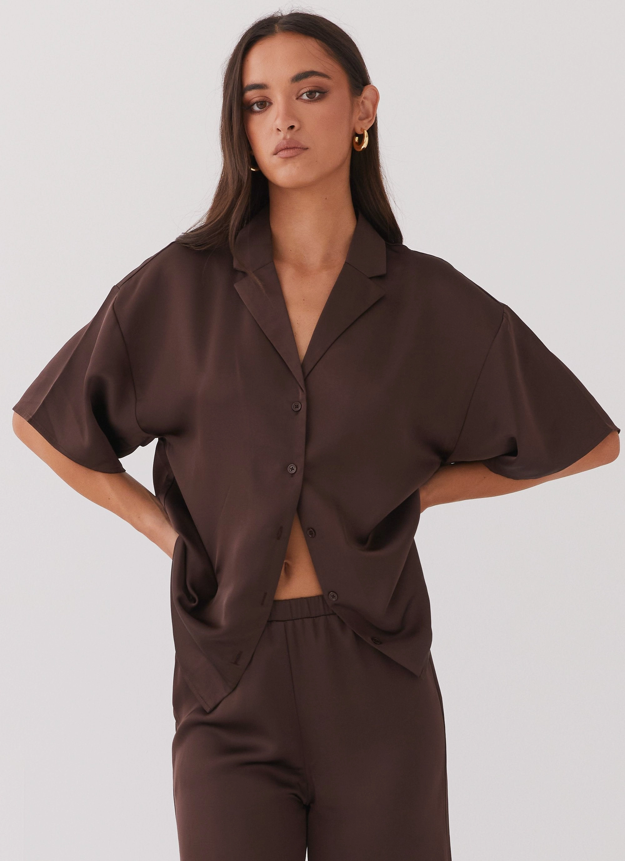 Palm Cove Satin Shirt - Chocolate Elegant Evening