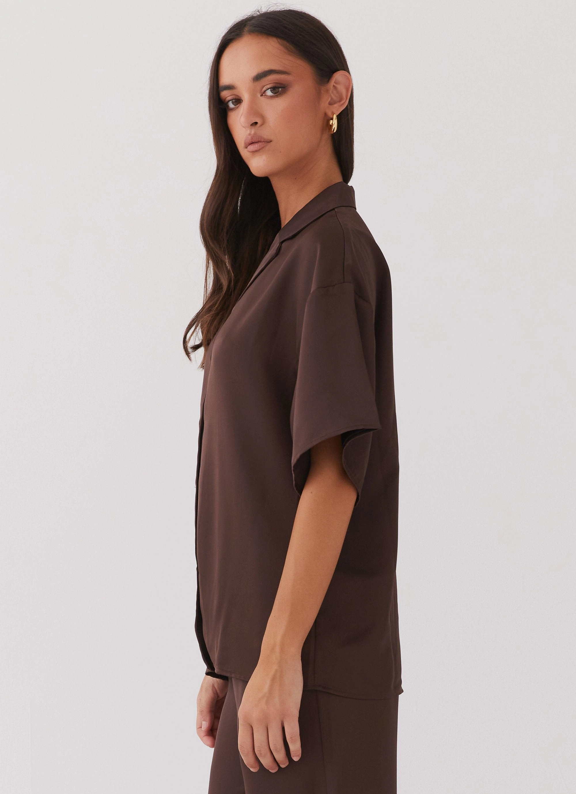 Palm Cove Satin Shirt - Chocolate Friction Reducing Lining