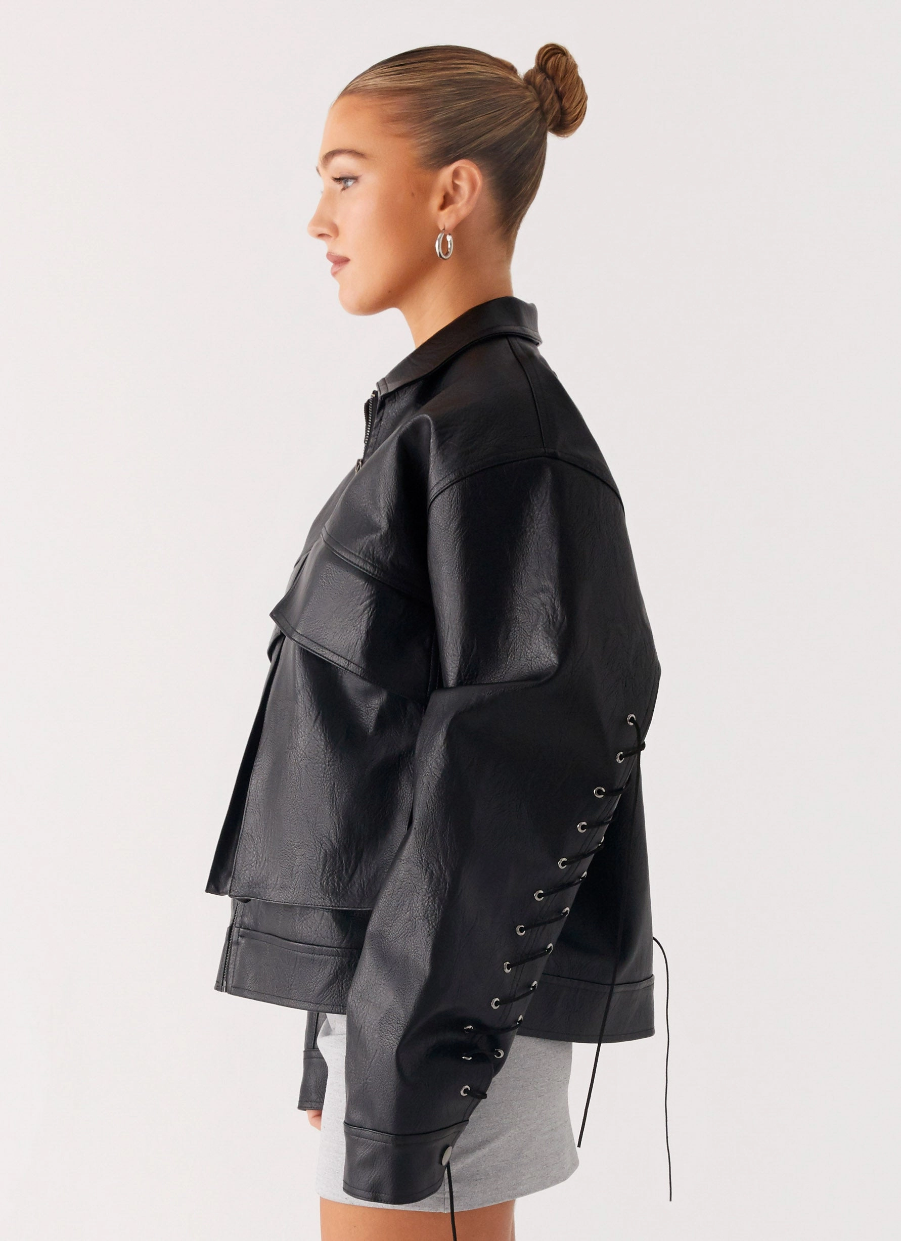 FlexibleFit Packable Style Lula Tassle Faux Leather Bomber Jacket - Black