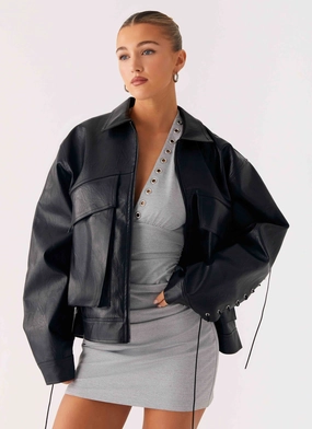 Ventilation System Adjustable Hood Feature Lula Tassle Faux Leather Bomber Jacket - Black
