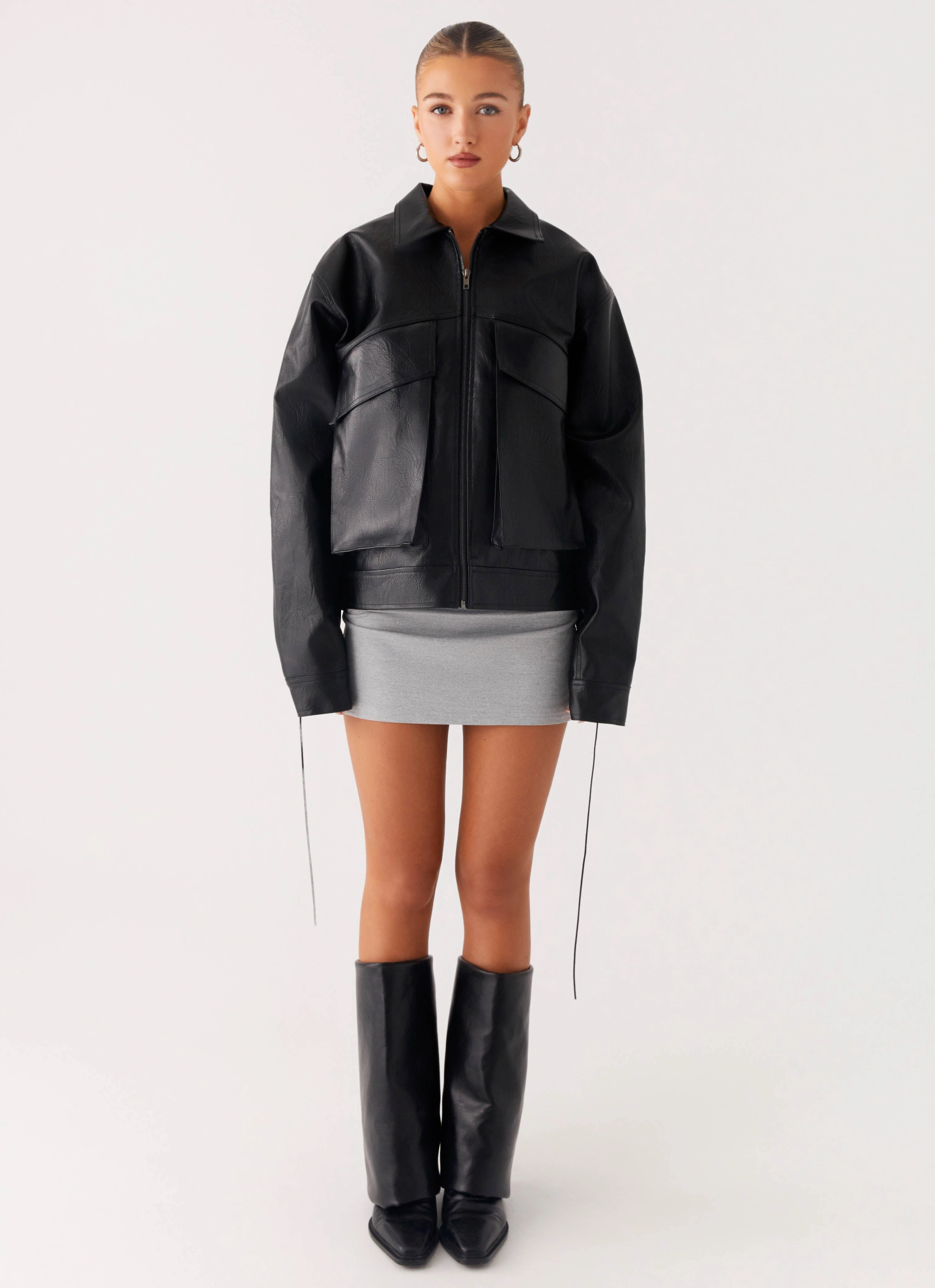 Relaxed City Style Long Sleeve Lula Tassle Faux Leather Bomber Jacket - Black