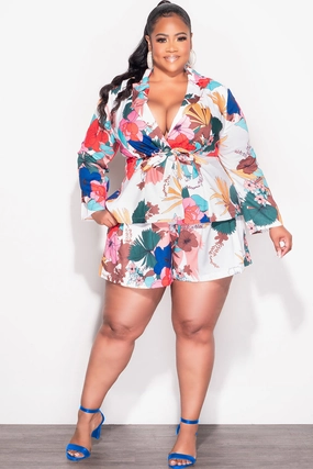Final Sale Plus Size 2pc Drawstring Blazer and High Waist Shorts in White Multi Color Tropical Print Refined fit