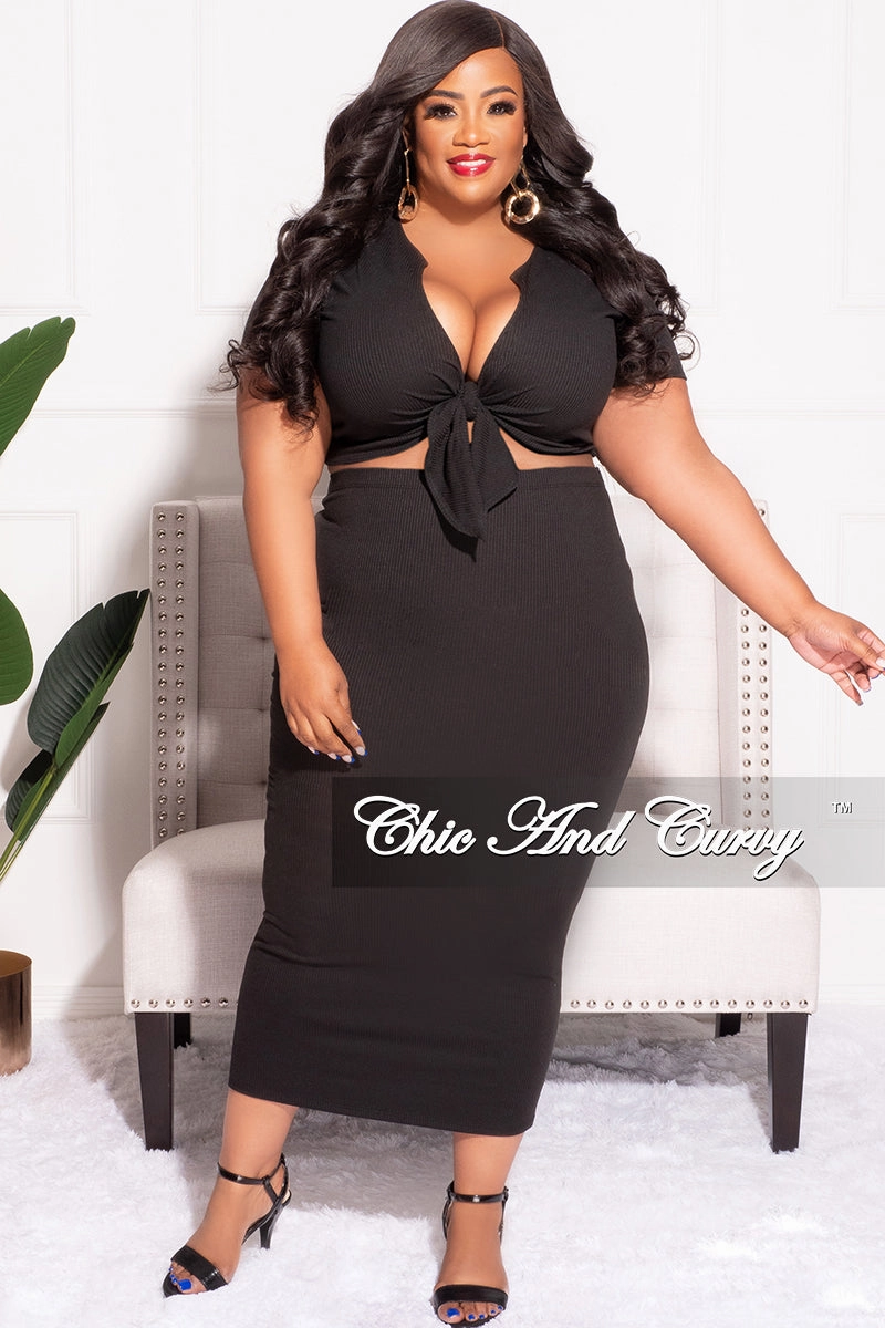 Smart Layer elastic waistband Final Sale Plus Size 2pc Set Tie Cropped & Skirt in Black