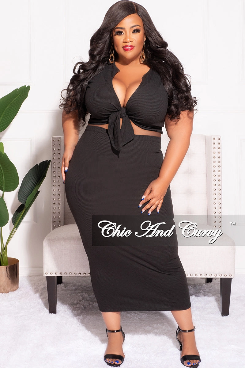 Stylish Fit elastic waistband Final Sale Plus Size 2pc Set Tie Cropped & Skirt in Black