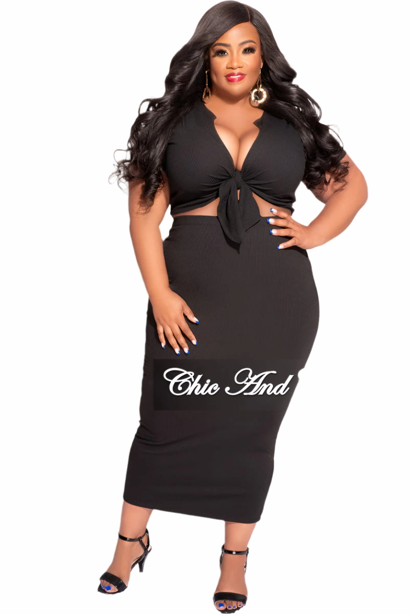 Final Sale Plus Size 2pc Set Tie Cropped & Skirt in Black Water Repellent Coating