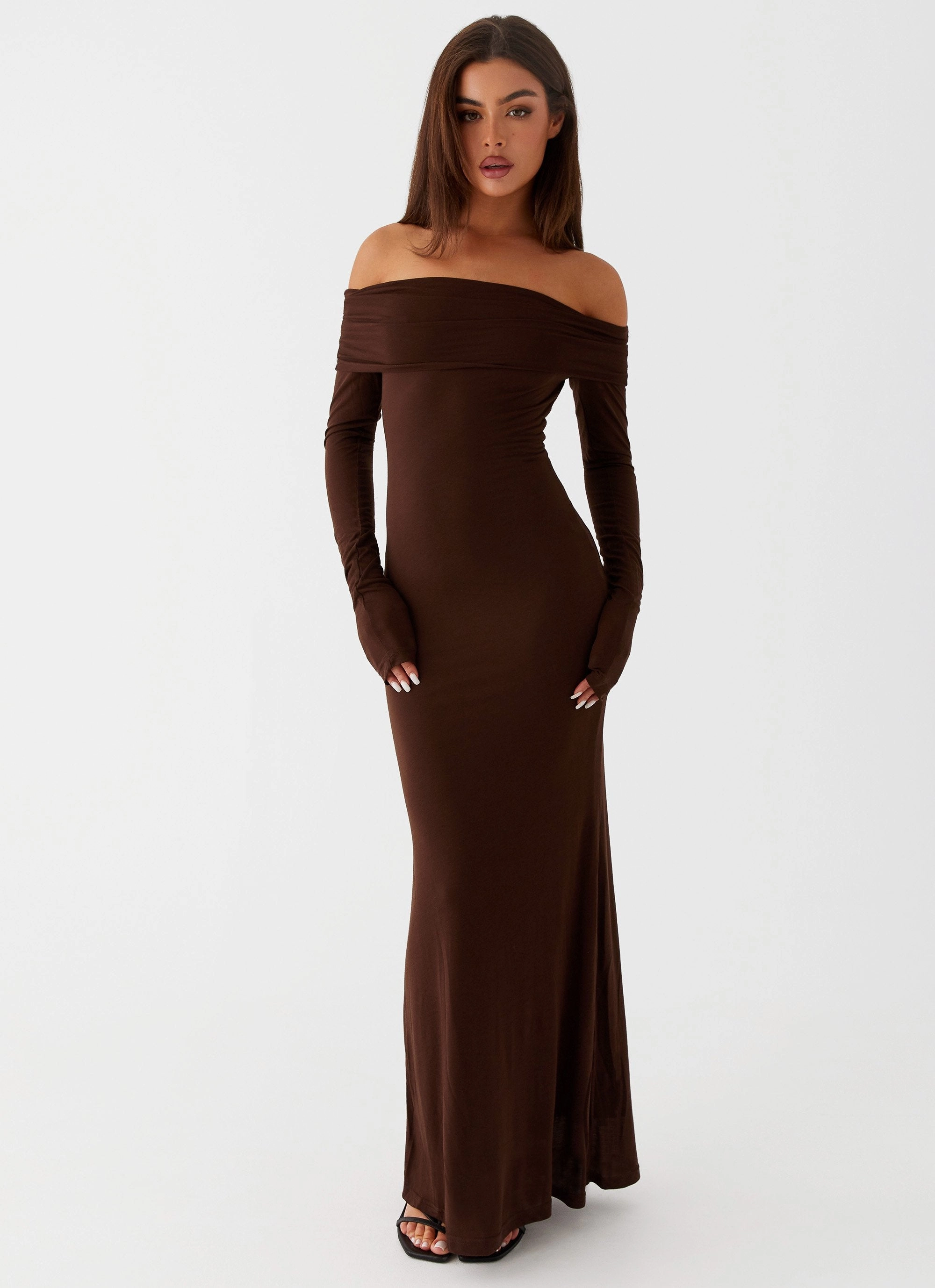 Chic and Cozy Metallic-Shine Cocoa Long Sleeve Maxi Dress - Chocolate