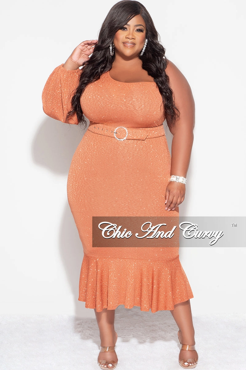 Final Sale Plus Size Shimmer One Shoulder Midi Dress with Bottom Ruffle in Rust Retro Style Professional Cut