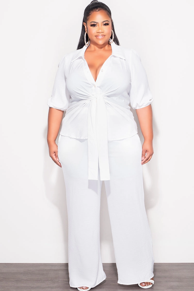 Comfortable Cut Casual Comfort Look Final Sale Plus Size 2pc Button Up Collar Top and Pants Set in Off White Linen
