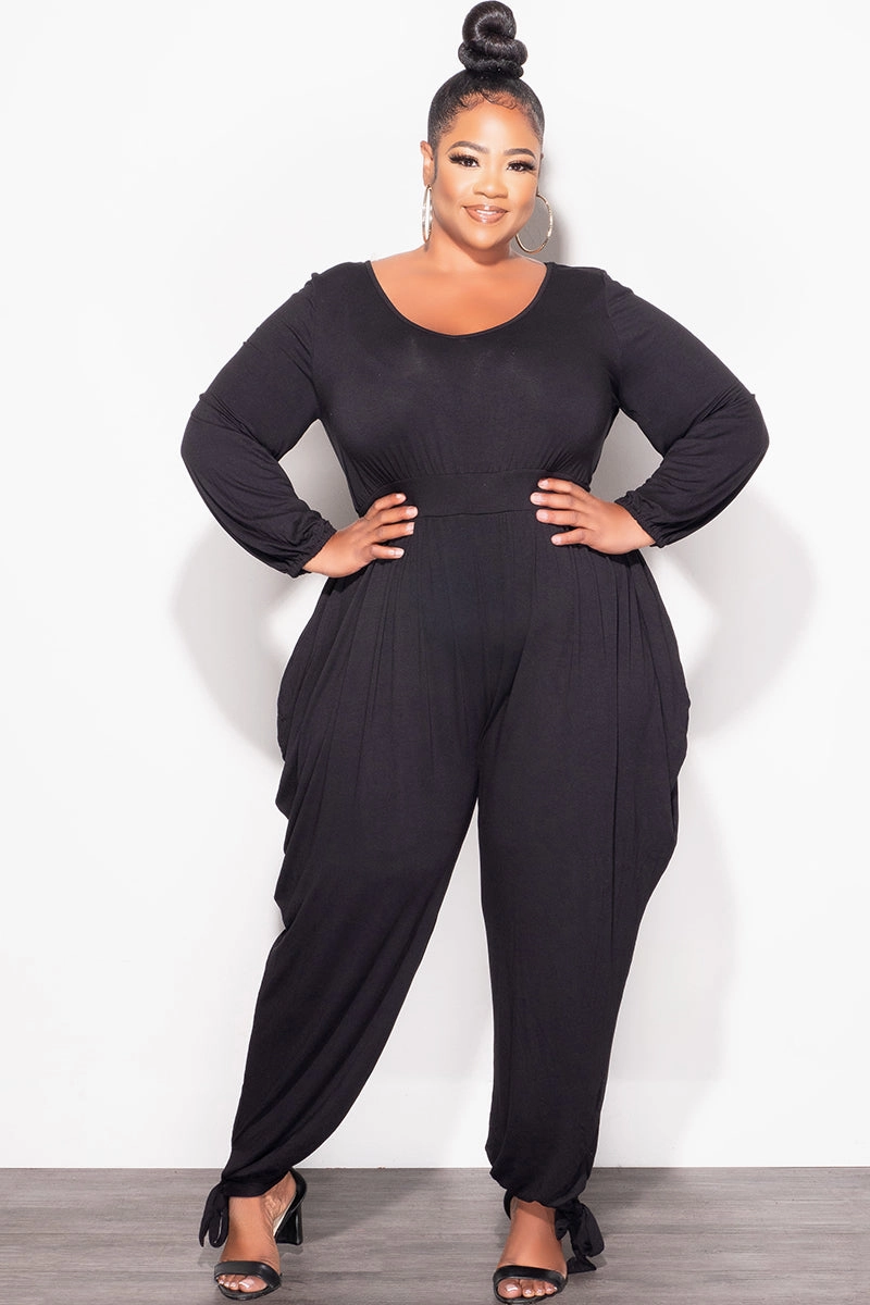 Final Sale Plus Size Harem Jumpsuit with Ankle Ties in Black Breathable wear No Iron