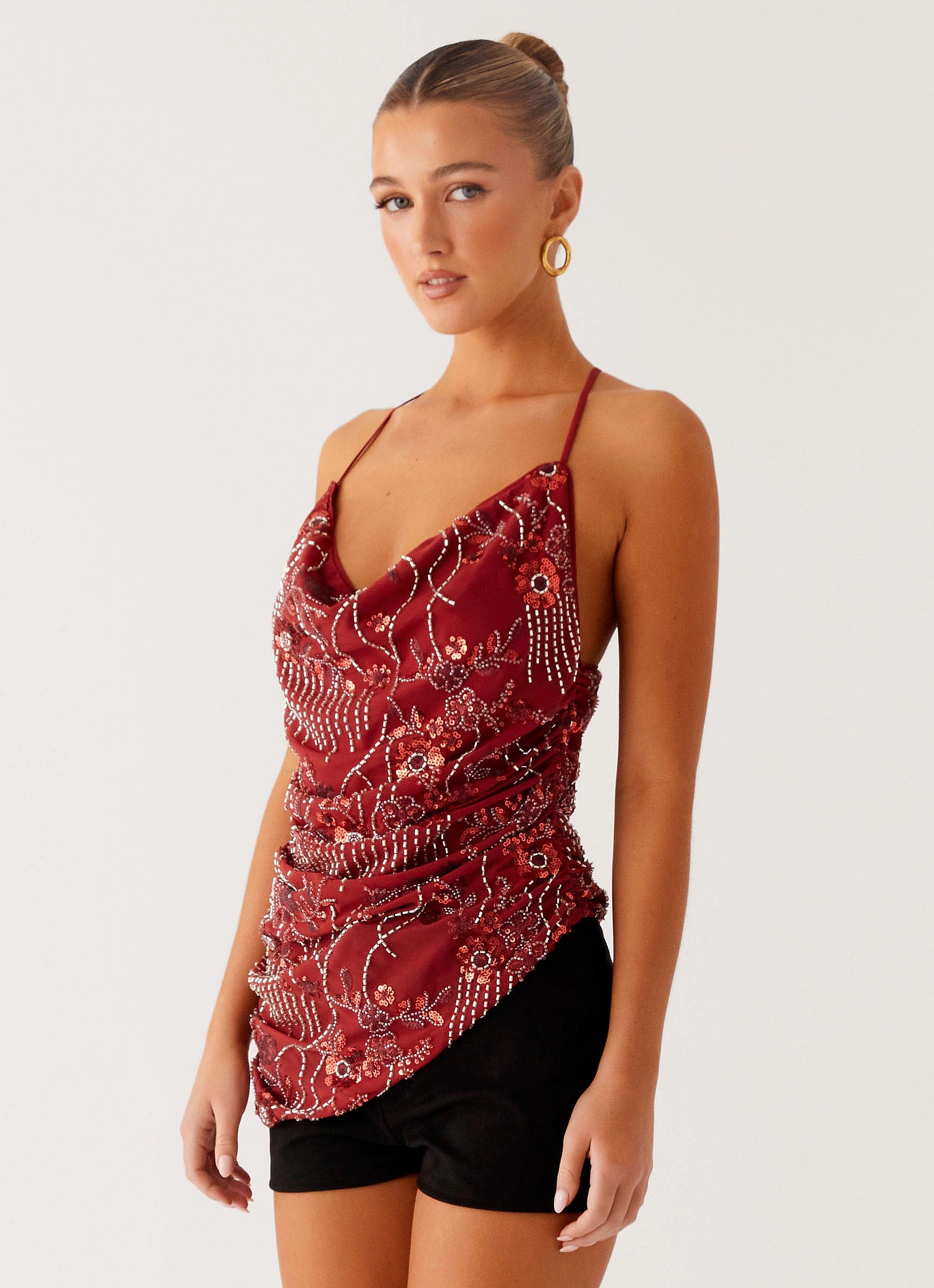 Lost In The Tide Beaded Top - Rust Ribbed Knit Fabric