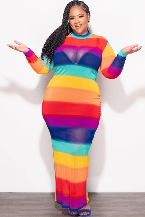 Final Sale Plus Size Sheer Mesh Bodycon Dress in Rainbow Stripes Noise Reduciting Fabric Fade Resistant Dye