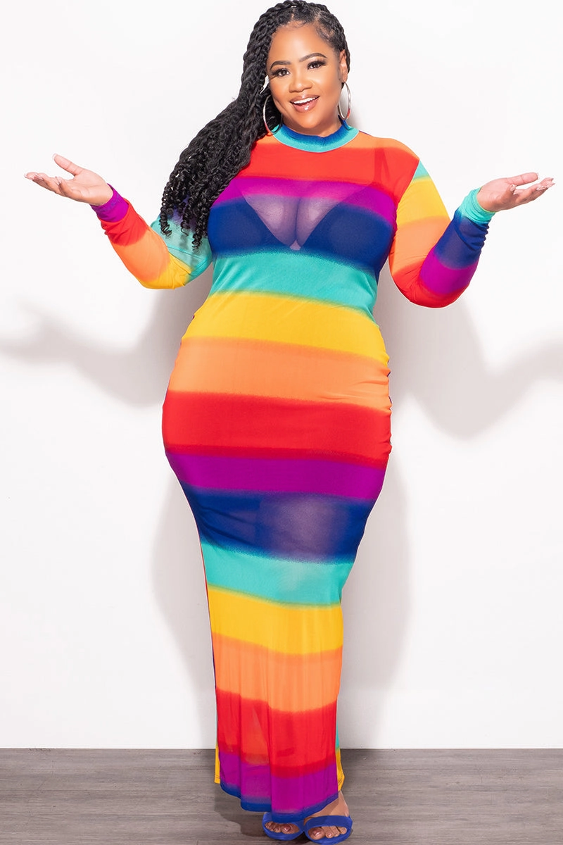 Final Sale Plus Size Sheer Mesh Bodycon Dress in Rainbow Stripes Noise Reduciting Fabric Fade Resistant Dye