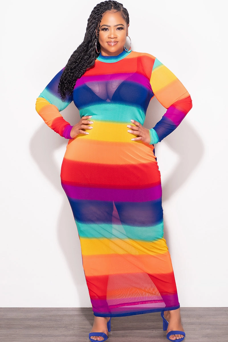 Fashion Forward Final Sale Plus Size Sheer Mesh Bodycon Dress in Rainbow Stripes