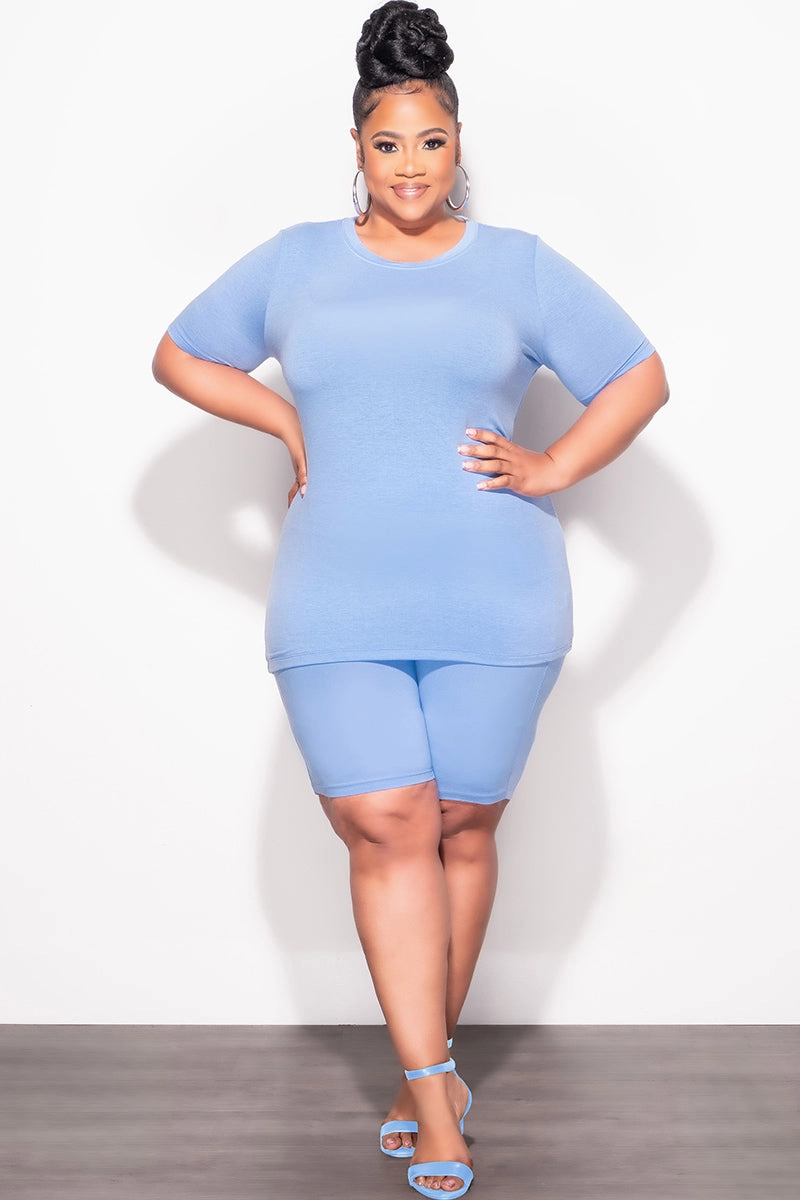 Anti Static Lining Final Sale Plus Size Top and Short Set in Baby Blue