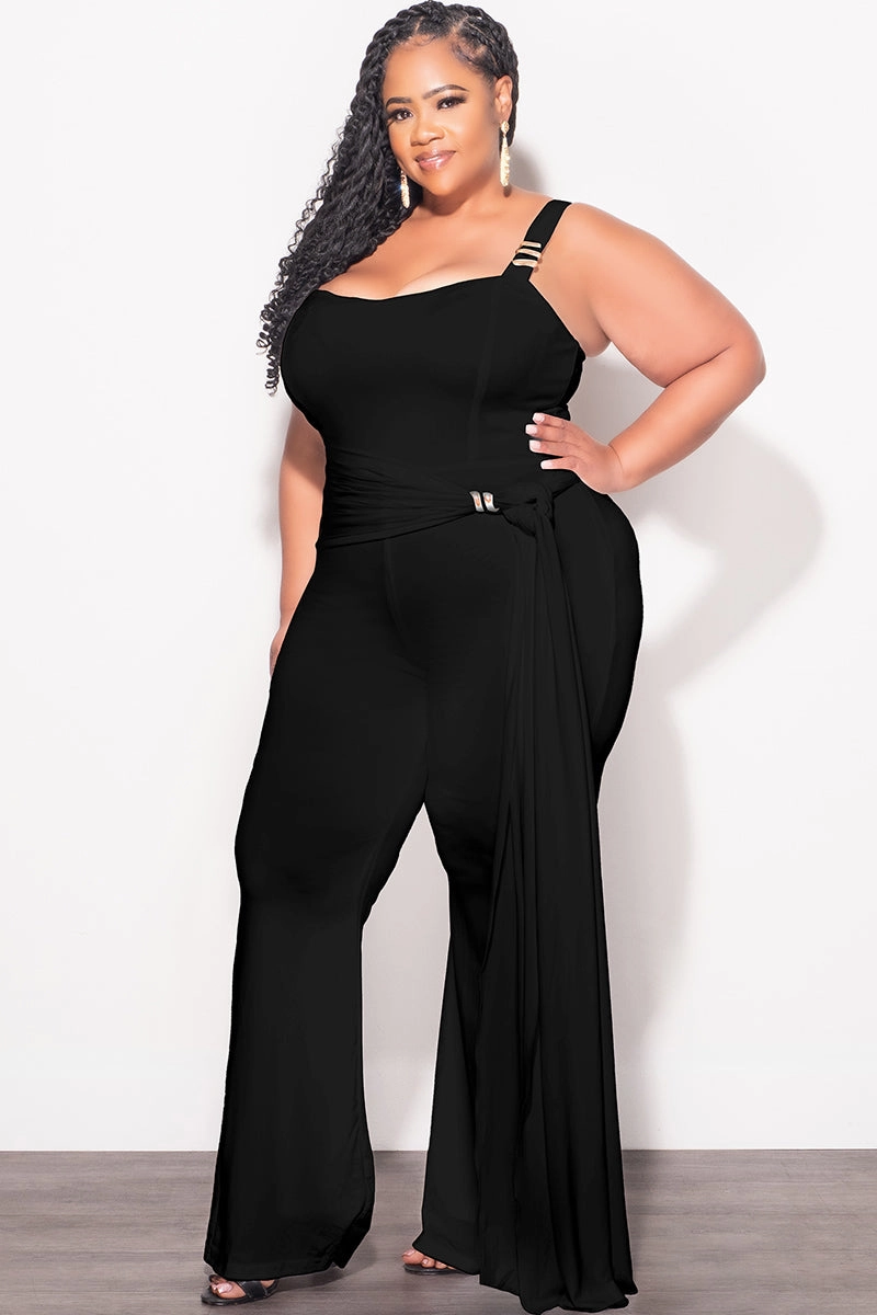 Final Sale Plus Size Jumpsuit with Gold Detail and a Sash in Black Flattering Comfort Water Repellent