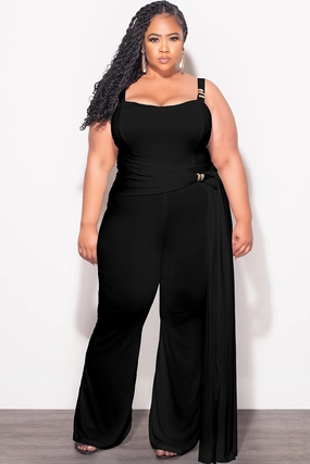 TouchscreenCompatiblePockets Final Sale Plus Size Jumpsuit with Gold Detail and a Sash in Black