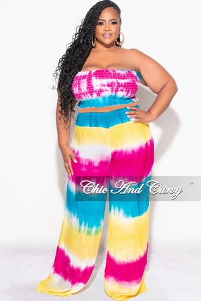 Workout Ready Urban appeal Final Sale Plus Size 2pc Strapless Frill Crop Top and Palazzo Pants Set Multi-Color Tie Dye Print
