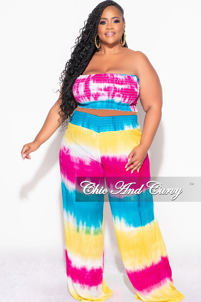 Breathable layers Final Sale Plus Size 2pc Strapless Frill Crop Top and Palazzo Pants Set Multi-Color Tie Dye Print