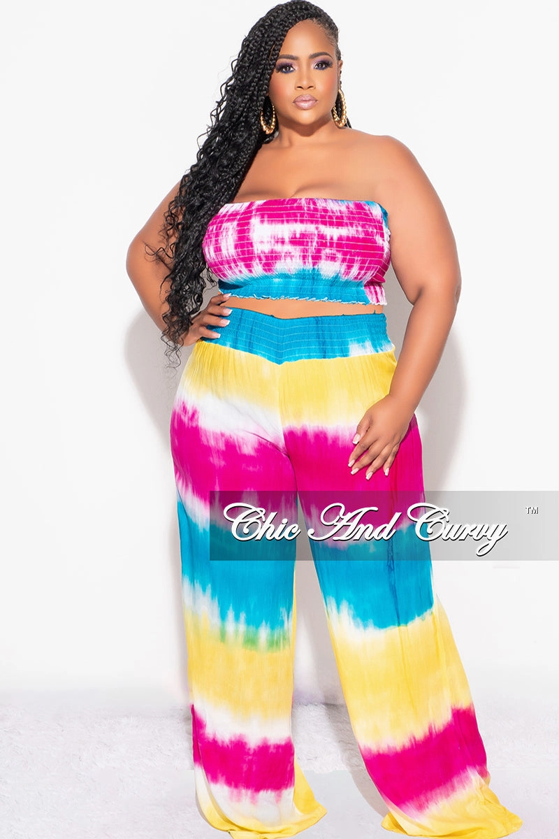 Quick Adjust Fit Ultimate Comfort Final Sale Plus Size 2pc Strapless Frill Crop Top and Palazzo Pants Set Multi-Color Tie Dye Print
