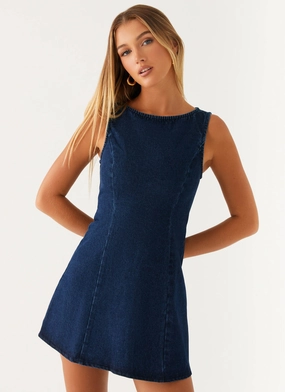Gathered Skirt Rochelle Denim Mini Dress - Blue
