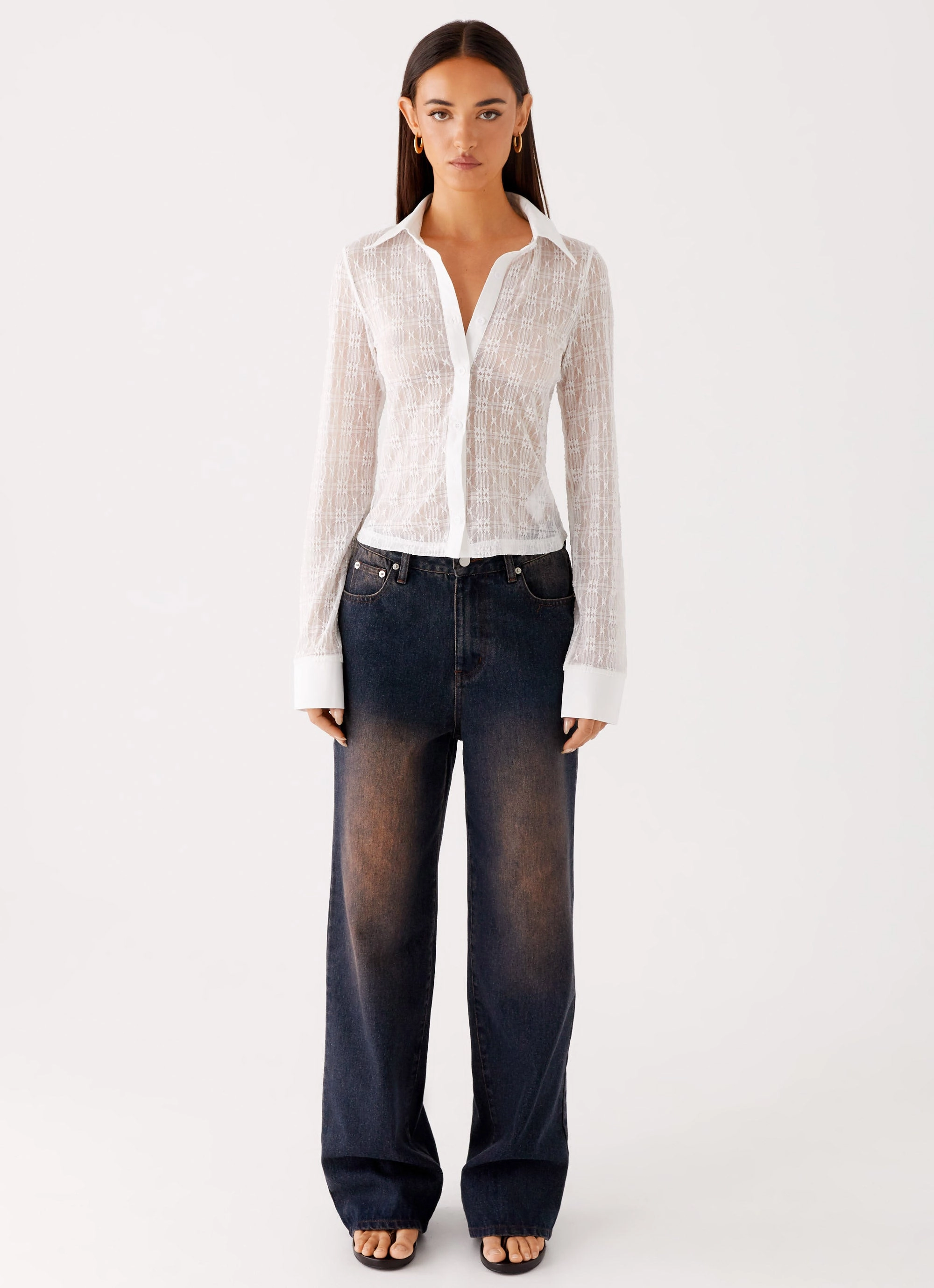 Neutral Tone Stitching Loui Lace Long Sleeve Top - White