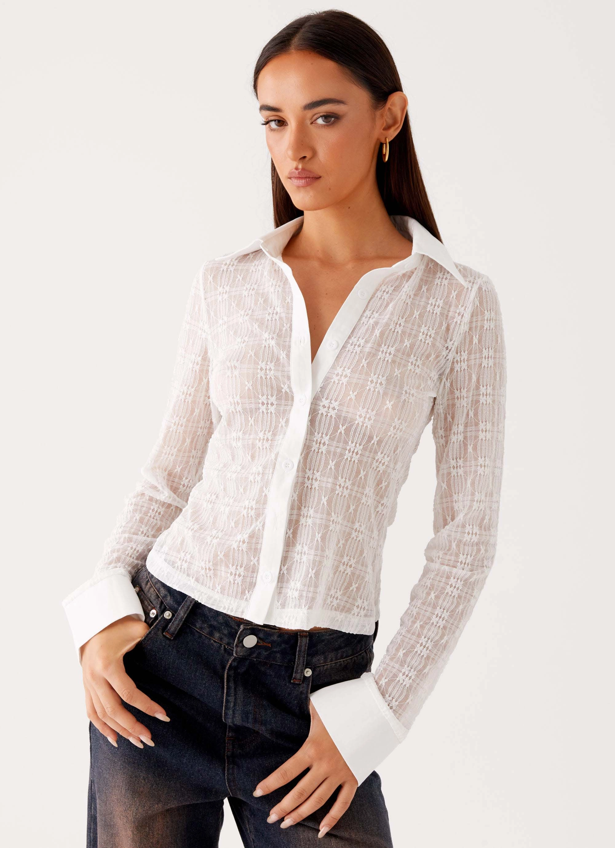 Loui Lace Long Sleeve Top - White Printed top