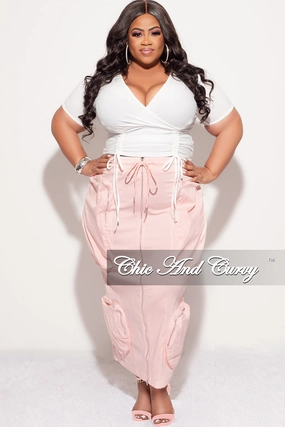 Final Sale Plus Size Ribbed Short Sleeve Faux Wrap Drawstring Top in White (Top Only) Perfect Stretch FlameRetardantTreatment