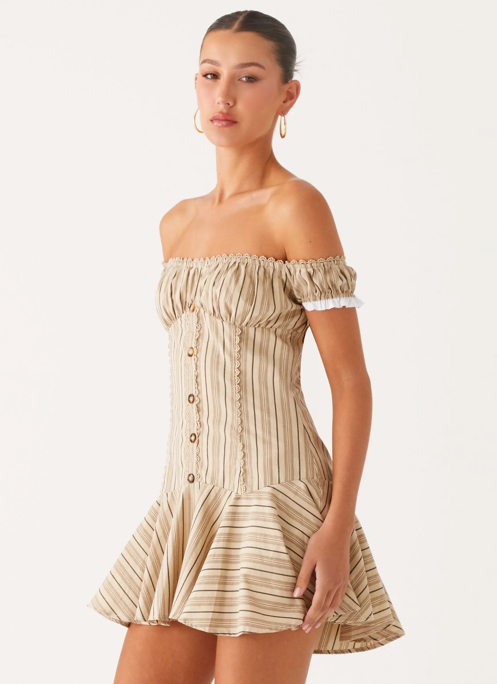 Basic Cool Jumana Off Shoulder Mini Dress - Off White Stripe