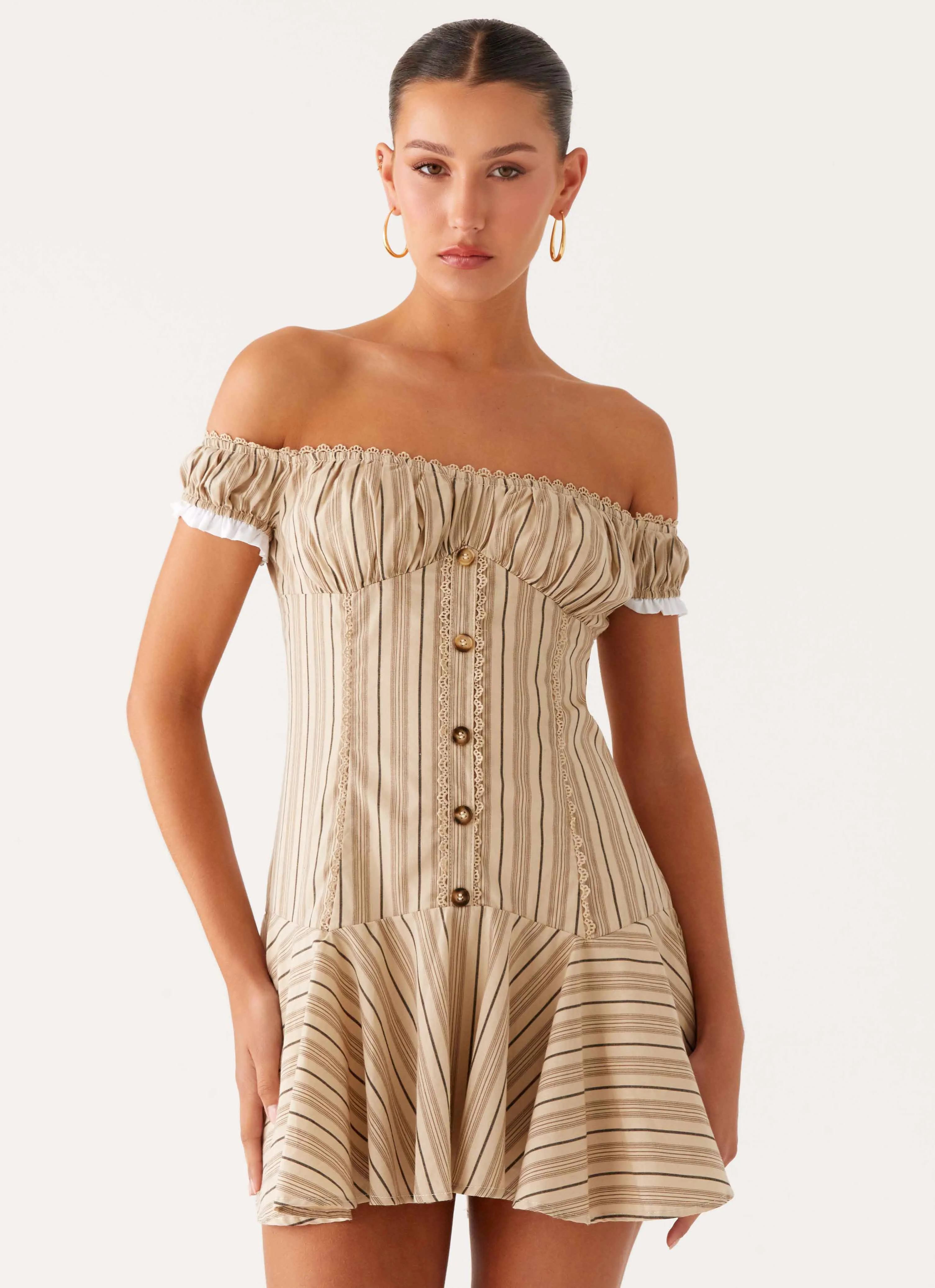Jumana Off Shoulder Mini Dress - Off White Stripe Soft Shine