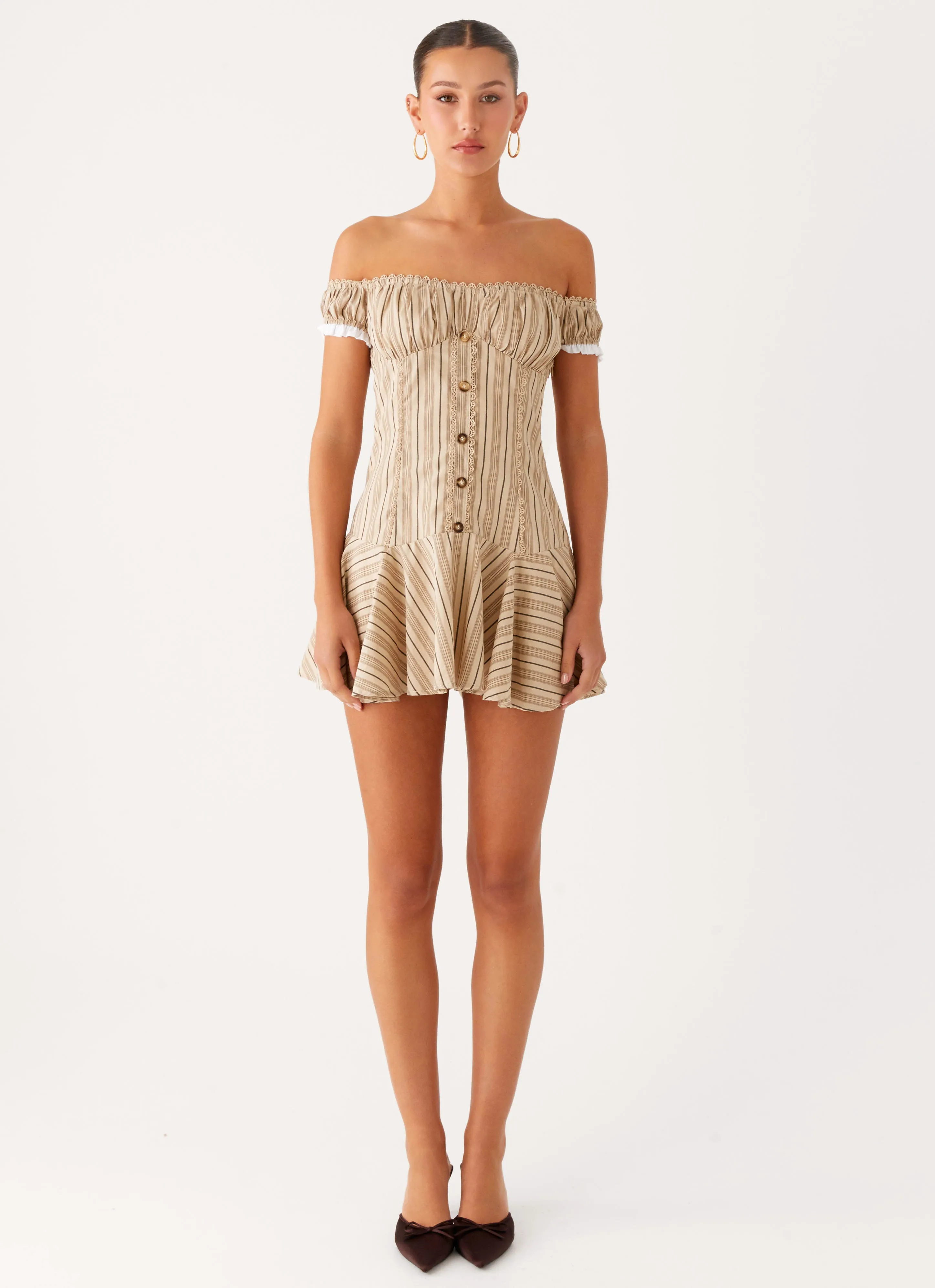 Crisp Detail Jumana Off Shoulder Mini Dress - Off White Stripe