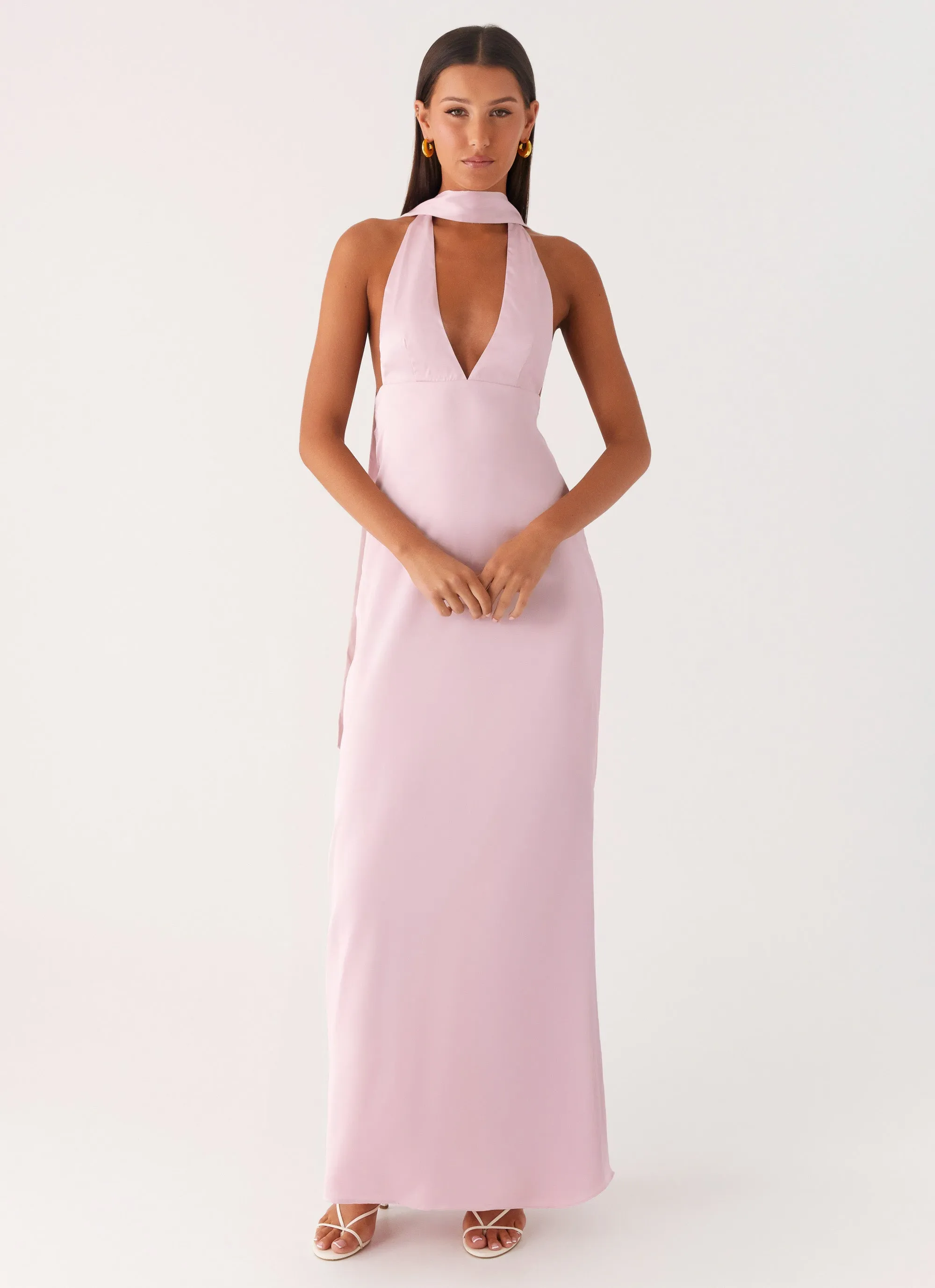 Velvet-Touch Alicia Satin Halter Maxi Dress - Baby Pink