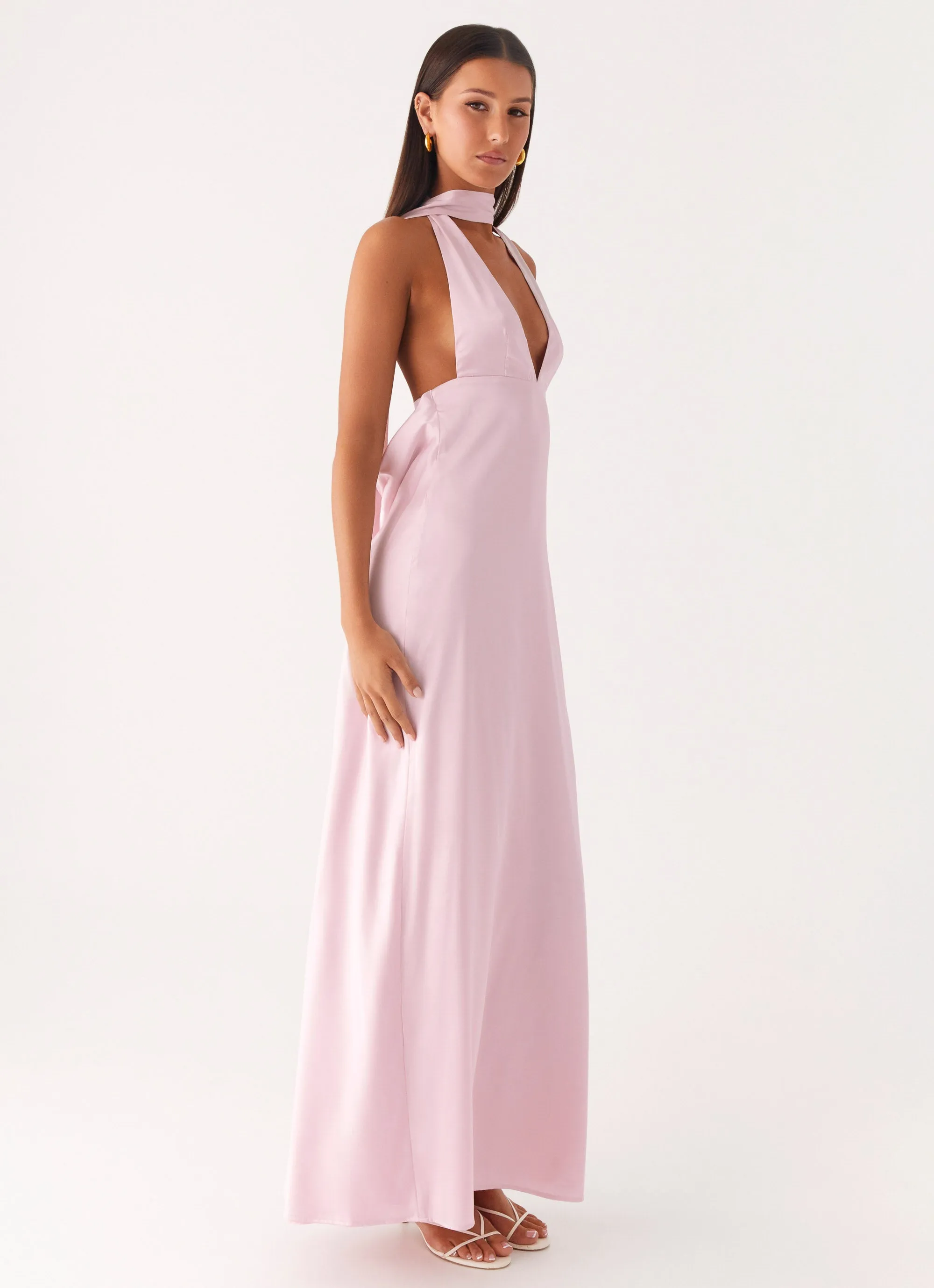 High-Low-Hem Tiered Skirt Alicia Satin Halter Maxi Dress - Baby Pink
