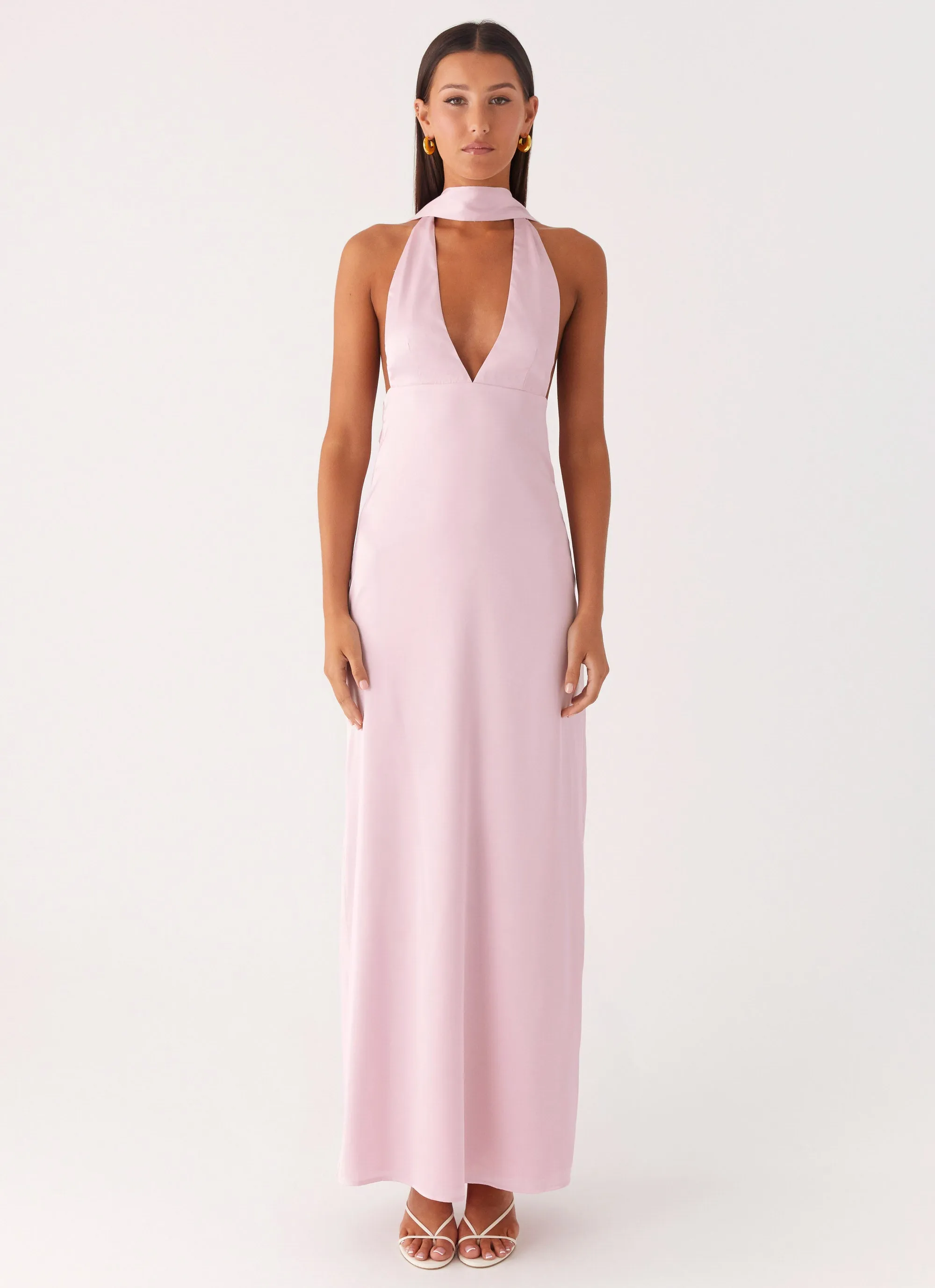 Chic formal attire Elegant Mature Alicia Satin Halter Maxi Dress - Baby Pink
