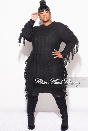 Adjustable loop Premium Stretch Final Sale Plus Size Fringe Sweater Dress in Black