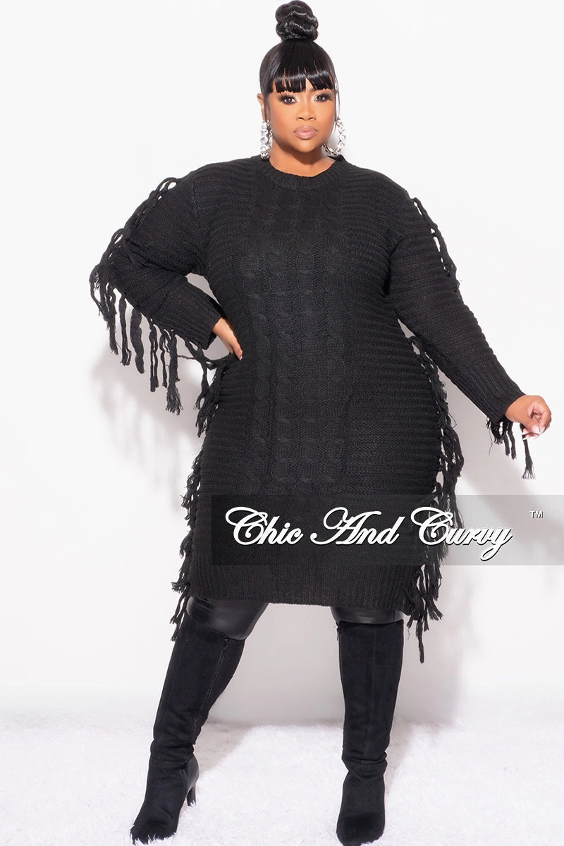 Final Sale Plus Size Fringe Sweater Dress in Black No Pinch Compression Fit