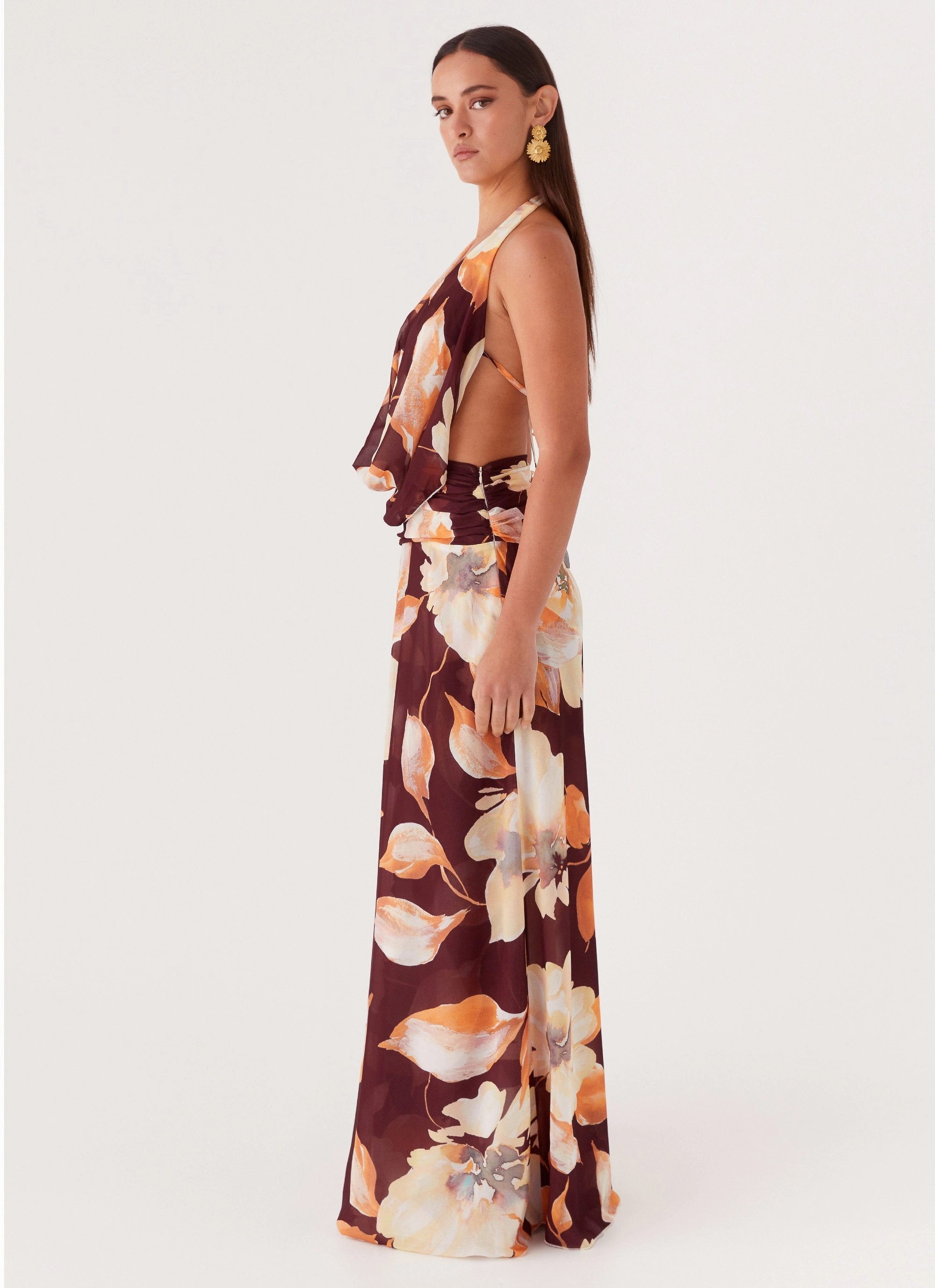 Shade Glow Relax Feel Elysia Chiffon Maxi Dress - Brown Floral