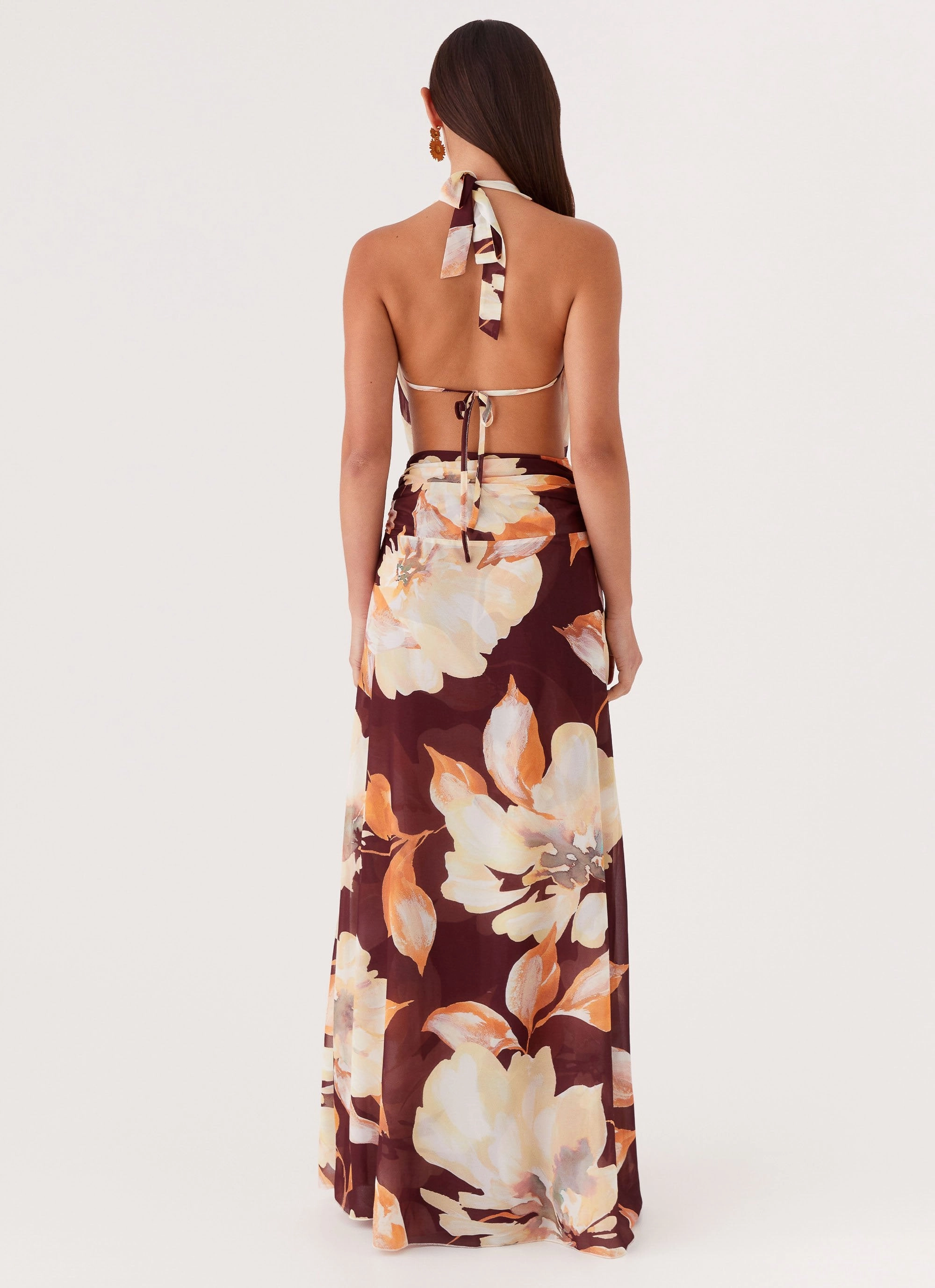 Elysia Chiffon Maxi Dress - Brown Floral Refined Simplicity Daily Comfort