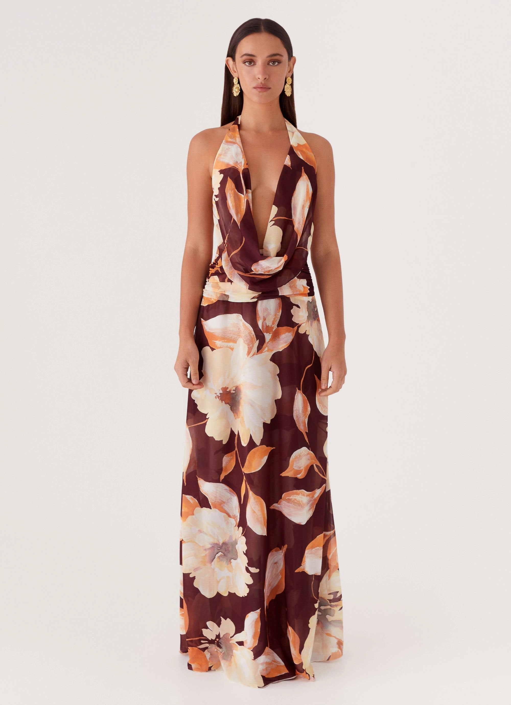 Striped-Pattern Trendy Layering Elysia Chiffon Maxi Dress - Brown Floral