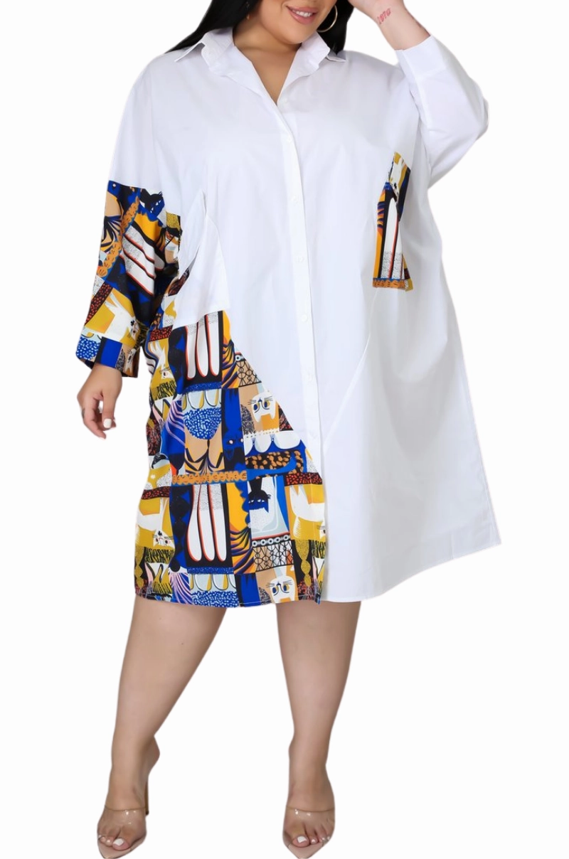 Final Sale Plus Size Shirt Dress with Blue & Yellow Kitty Print Thermal regulation