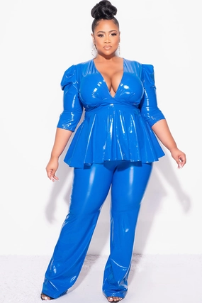 Stretchable Waist Final Sales Plus Size 2-Piece Latex Peplum Top and Pants Set in Royal Blue