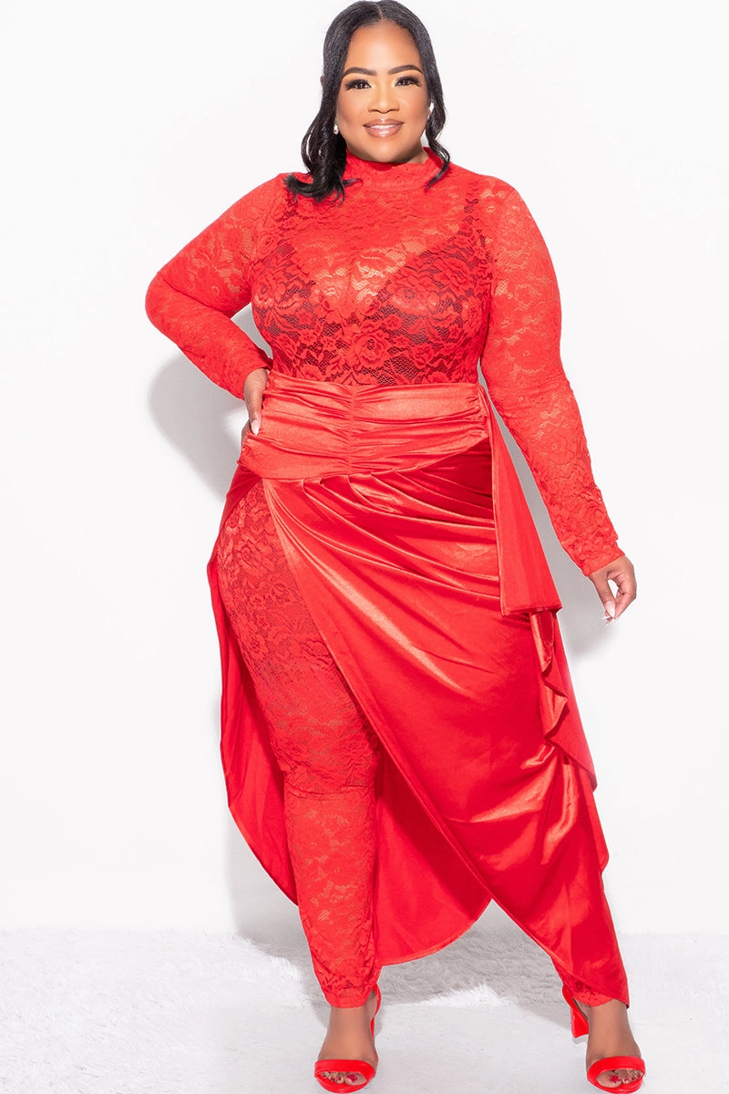 Stretch Movement Final Sale Plus Size 2pc Lace Jumpsuit Set with Satin Skirt in Red