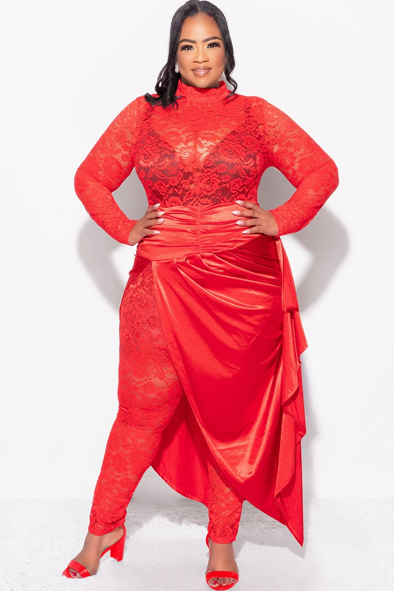 Smart Design Final Sale Plus Size 2pc Lace Jumpsuit Set with Satin Skirt in Red