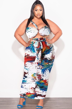 Final Sale Plus Size 2pc One Shoulder Twist Front Bra Top and Skirt in Multi Color Print Wrinkle Resistant