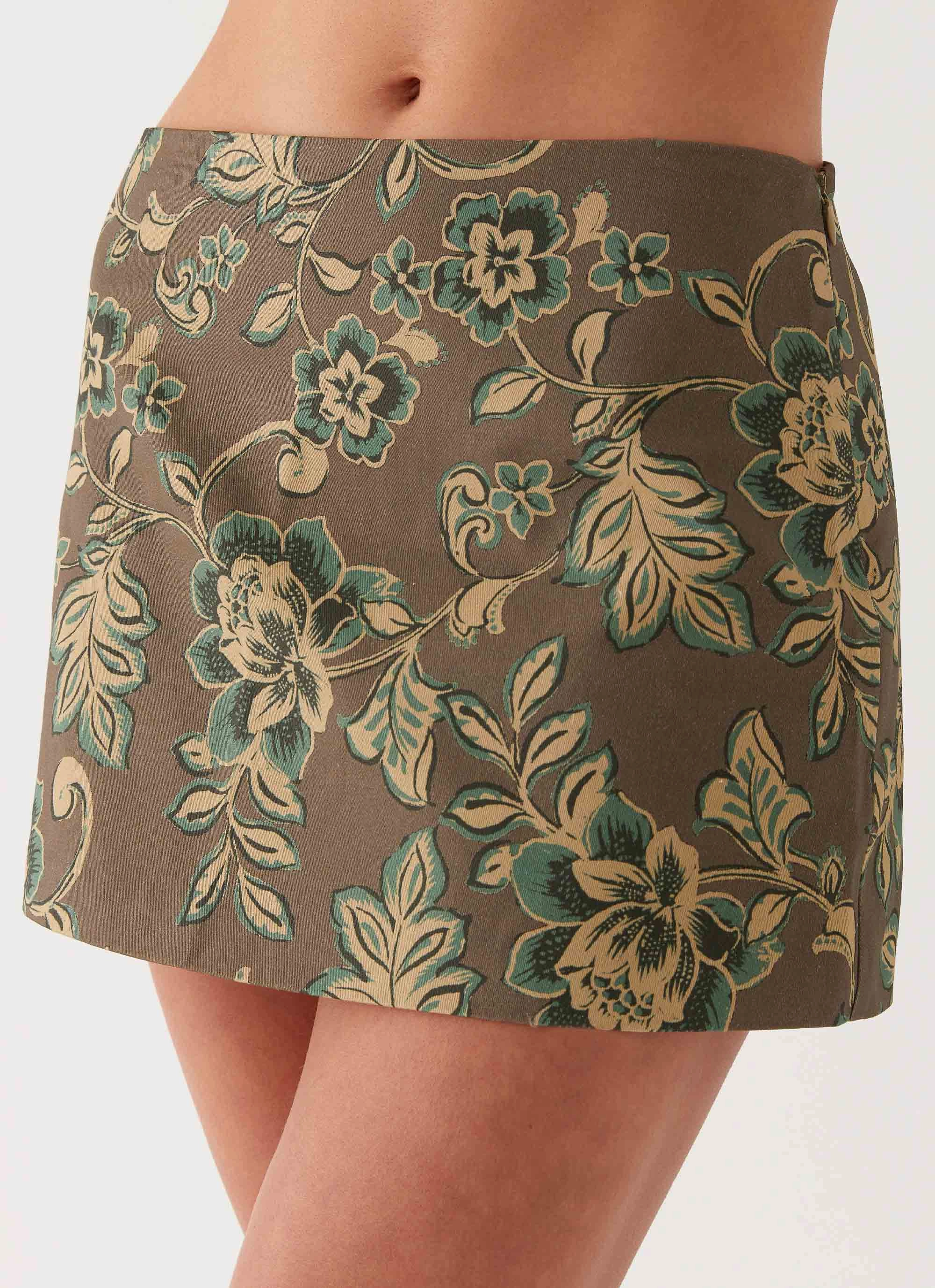 Tonnie Floral Mini Skirt - Brown Floral Sustainable Material Blend Slim Shape
