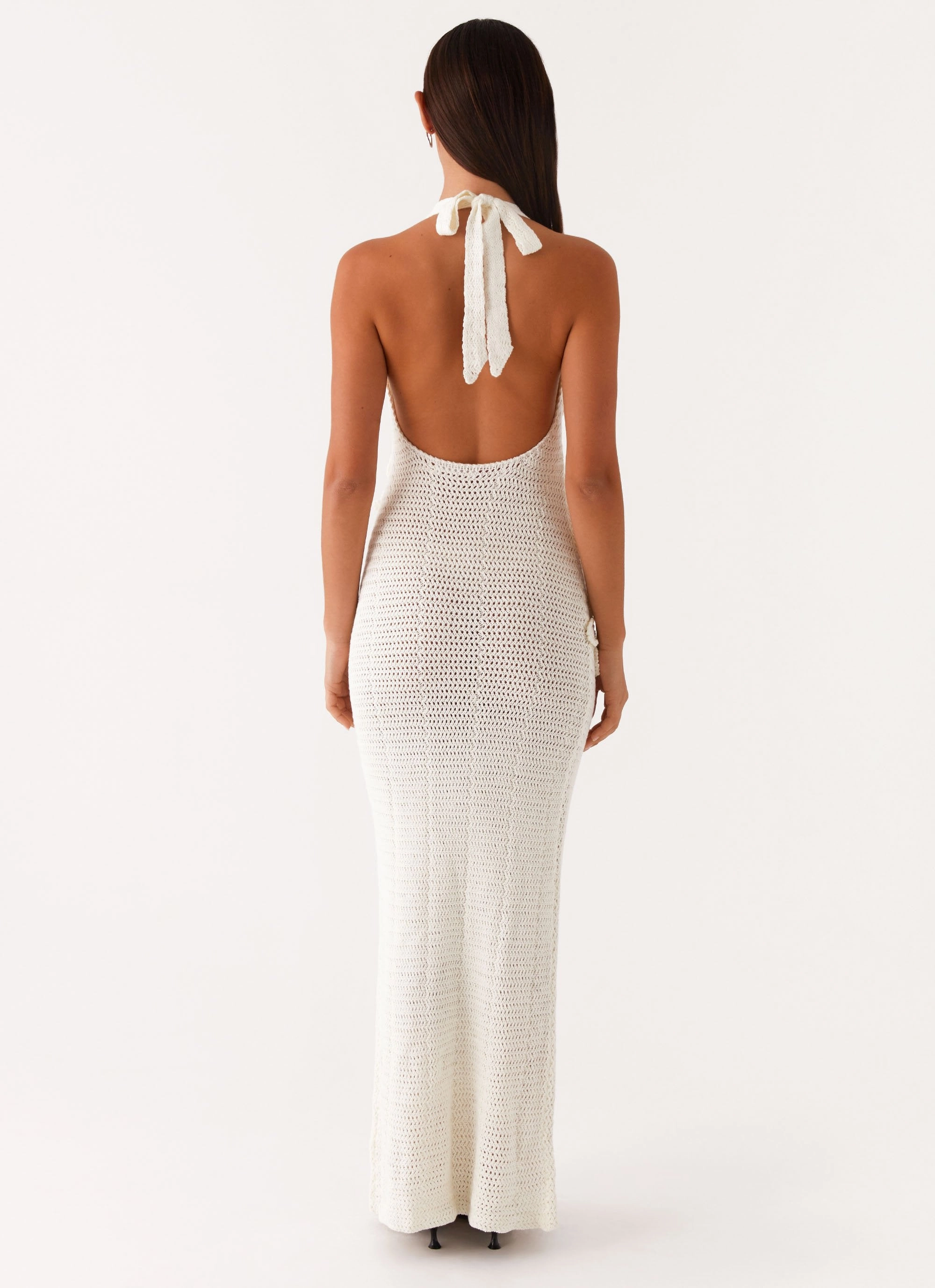 Novalee Flower Crochet Maxi Dress - Ivory Draped Silhouette