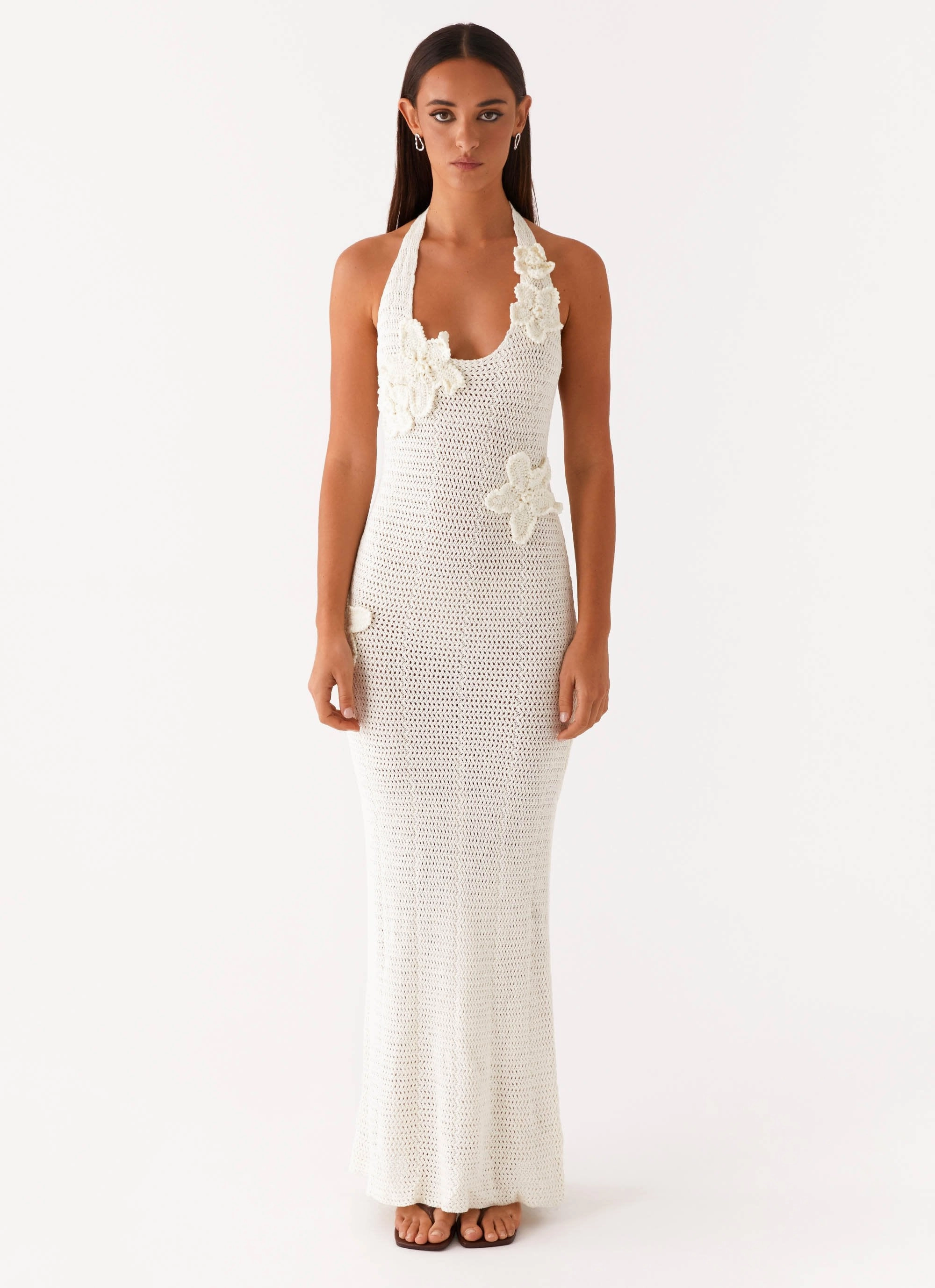 Novalee Flower Crochet Maxi Dress - Ivory Ombre-Effect Snap-Closure